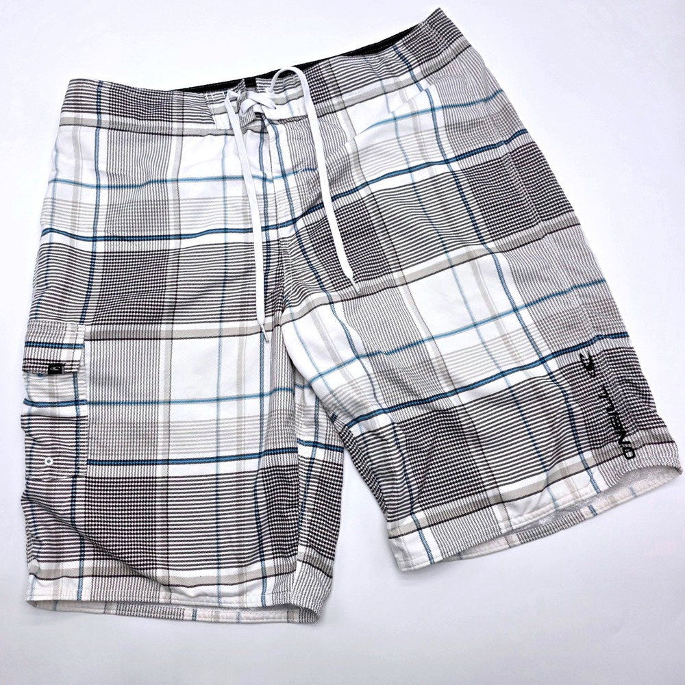 O'Neill Mens Plaid Board Shorts White Black‎ Blue Cargo Pocket Size 36